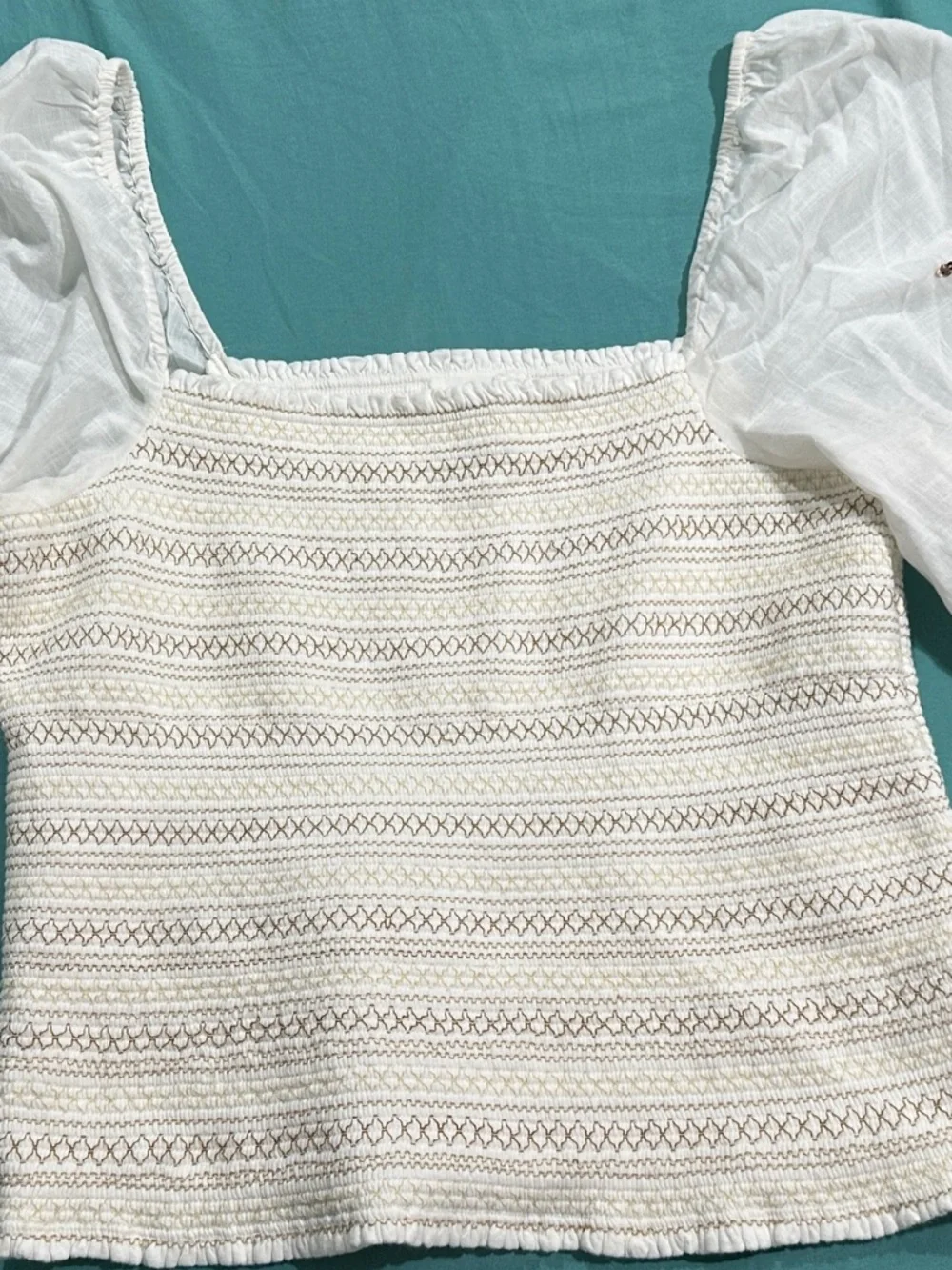 By Anthropologie Smocked Embroidered Boho Blouse XL White Gold Puff Sleeve